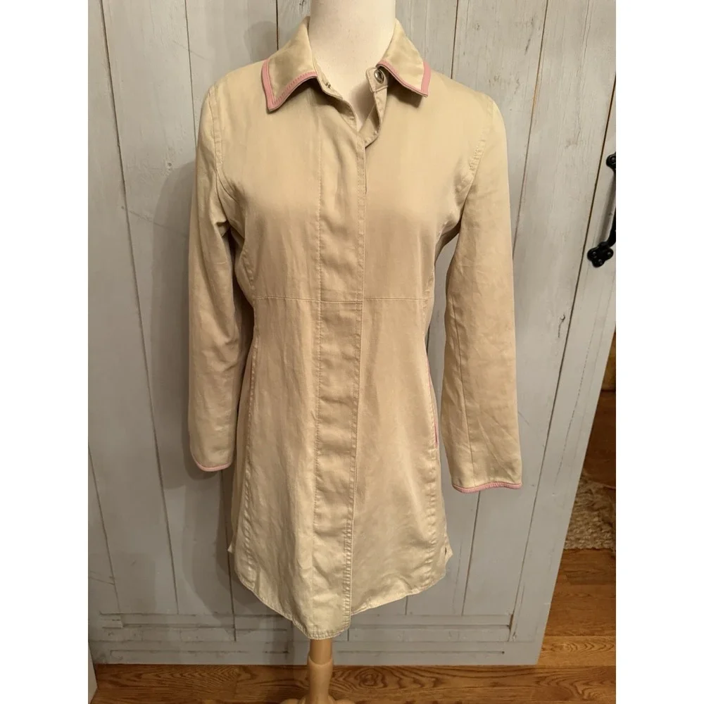 Coach Leatherware Rain Trench Coat Women's Size 4 Tan‎ & Pink Trim Cotton Lined